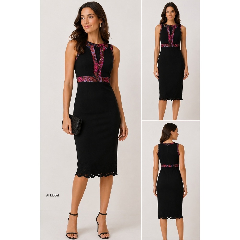 Trina Turk Lace Overlay Sheath Dress size 2 Black Cocktail Party Wedding Guest